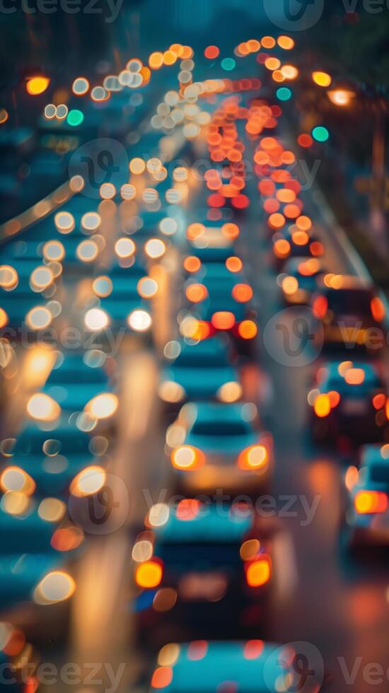 Background screensaver of blurry headlights of cars in the city photo