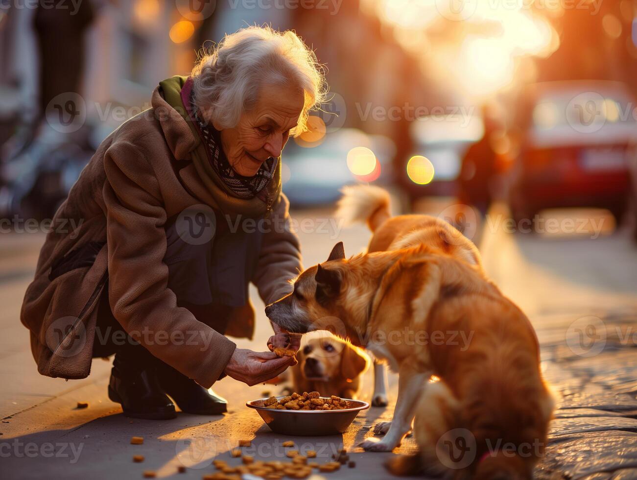 Elderly women providing nourishment to stray cats, illustrating empathy and companionship amidst solitude photo