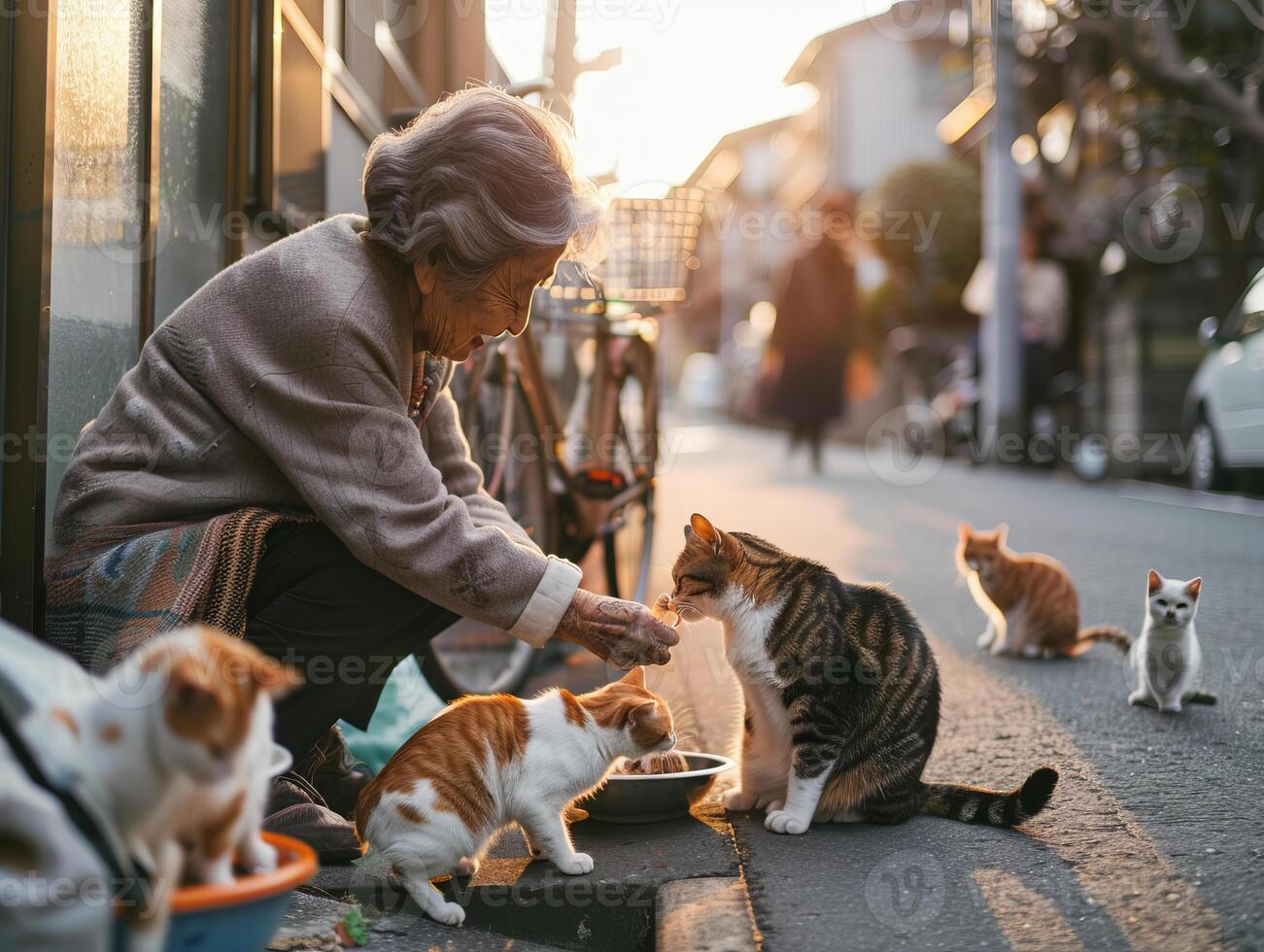 Elderly women providing nourishment to stray cats, illustrating empathy and companionship amidst solitude photo