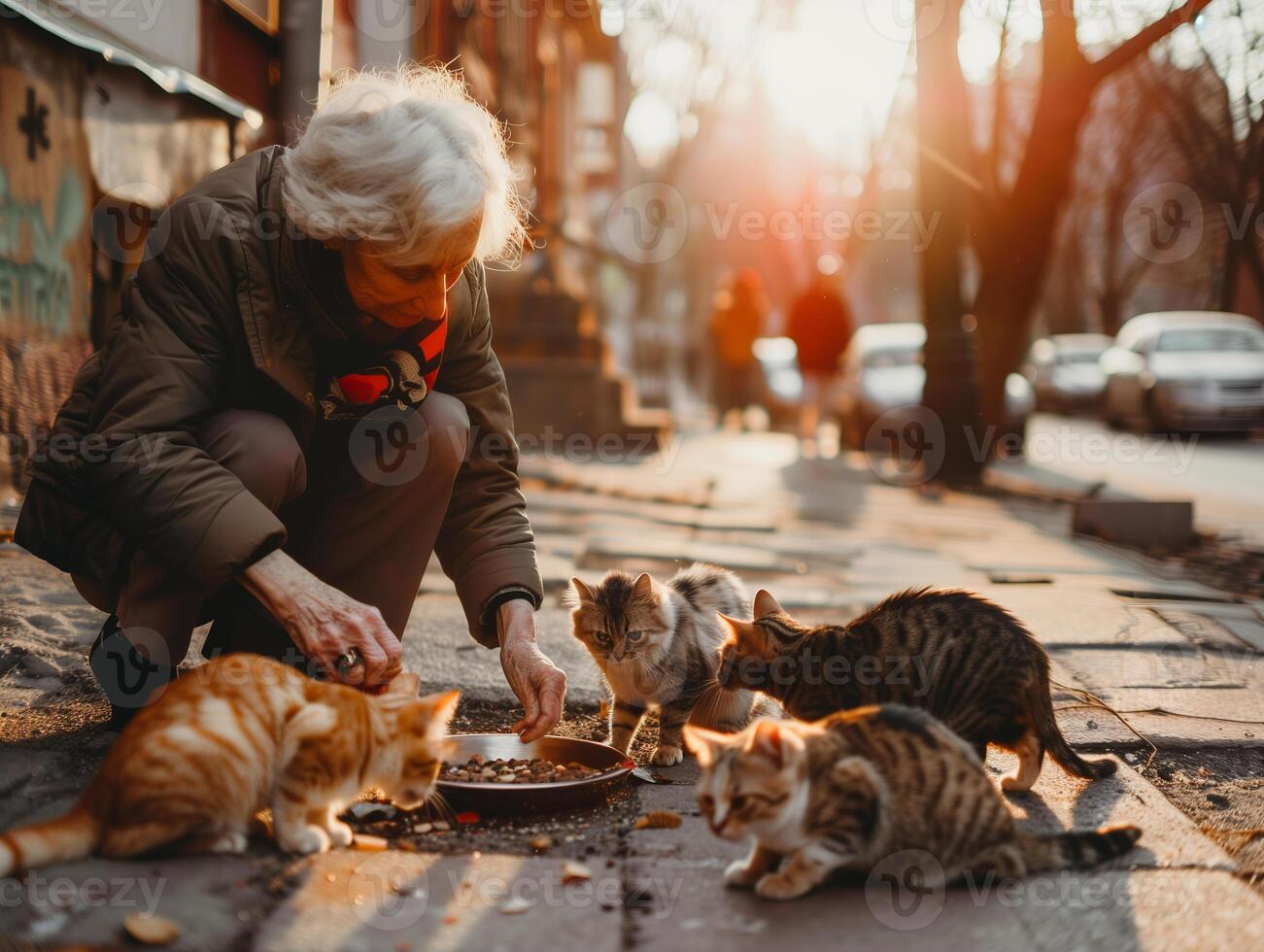 Elderly women providing nourishment to stray cats, illustrating empathy and companionship amidst solitude photo