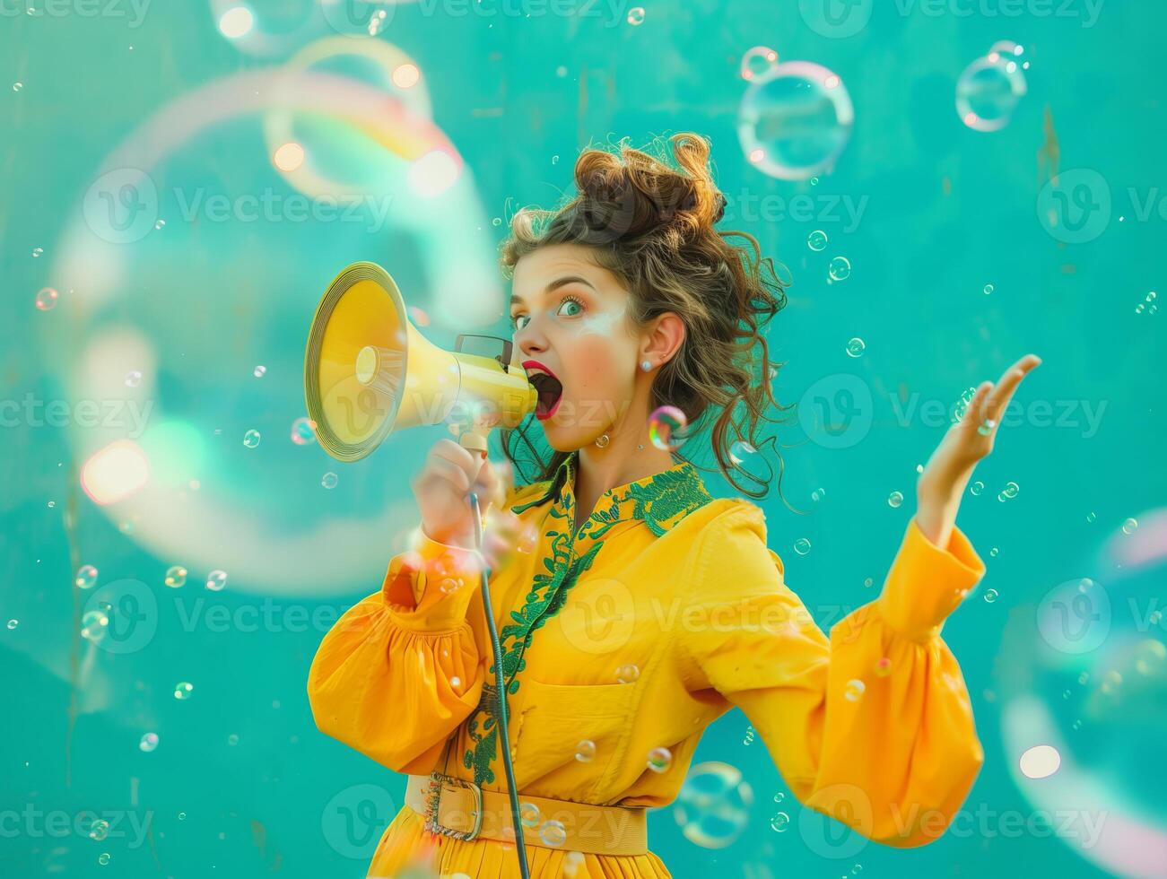 Woman with a bullhorn for news feeds and sales marketing, theme of protecting women's rights and feminism. photo