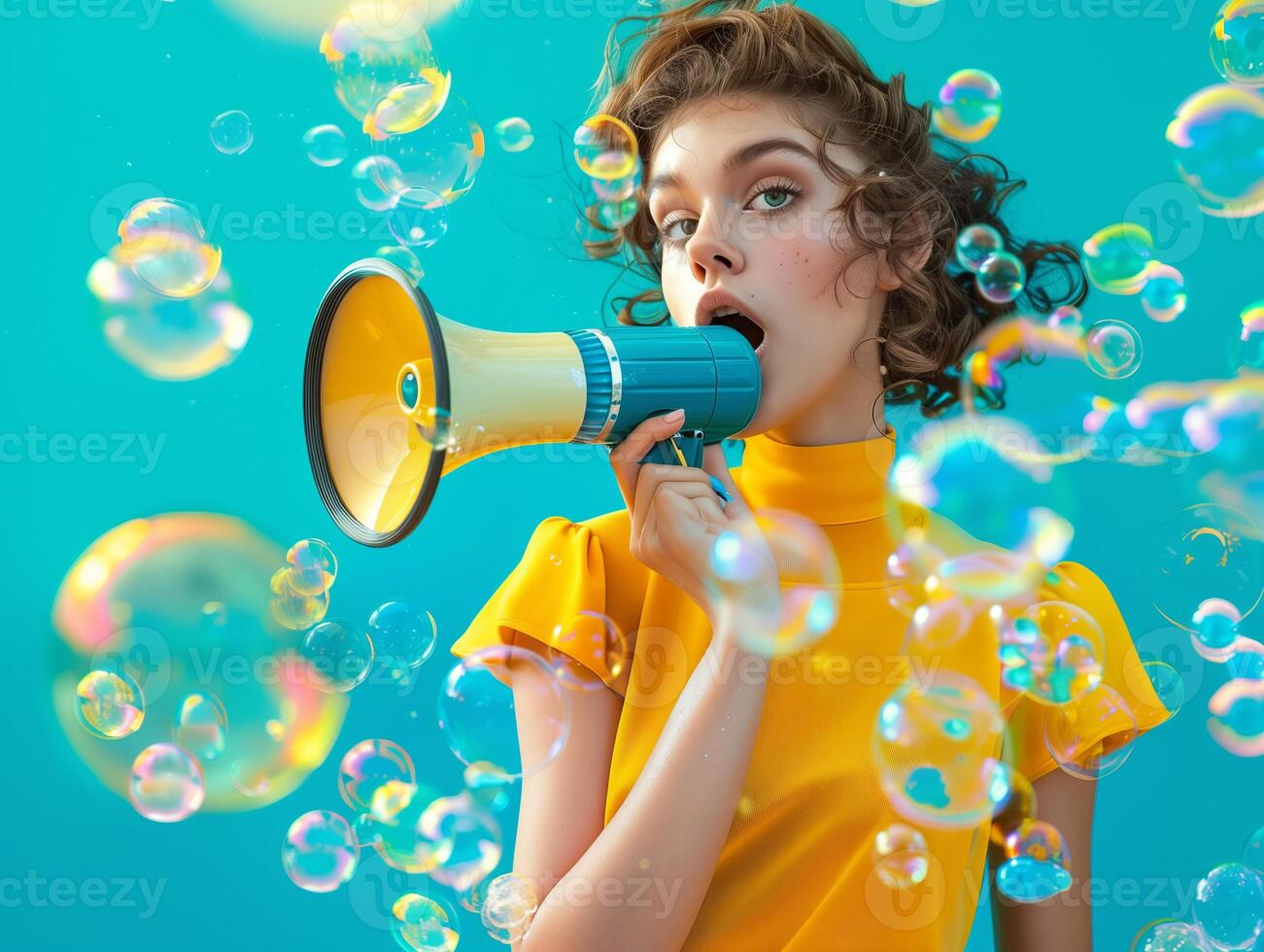 Woman with a bullhorn for news feeds and sales marketing, theme of protecting women's rights and feminism. photo