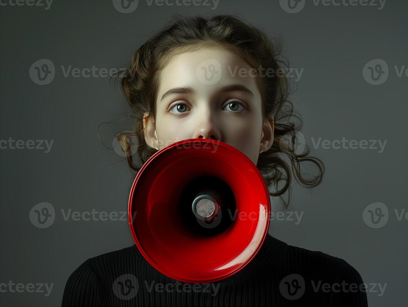 mujer con un megáfono para Noticias alimenta y ventas marketing, tema de proteger De las mujeres derechos y feminismo. foto