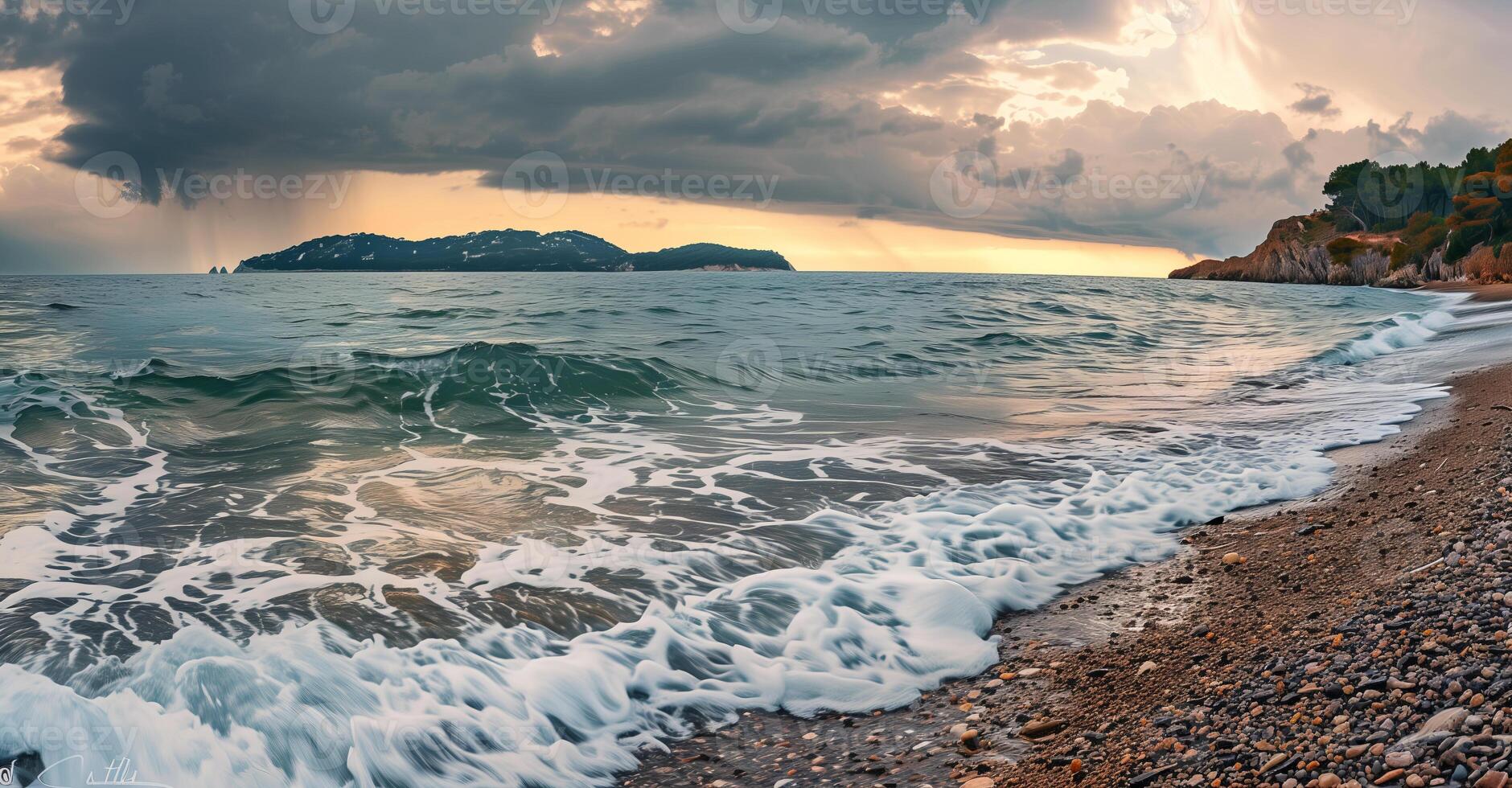 Wide-angle landscape photo featuring a seaside with crashing waves and dramatic sky