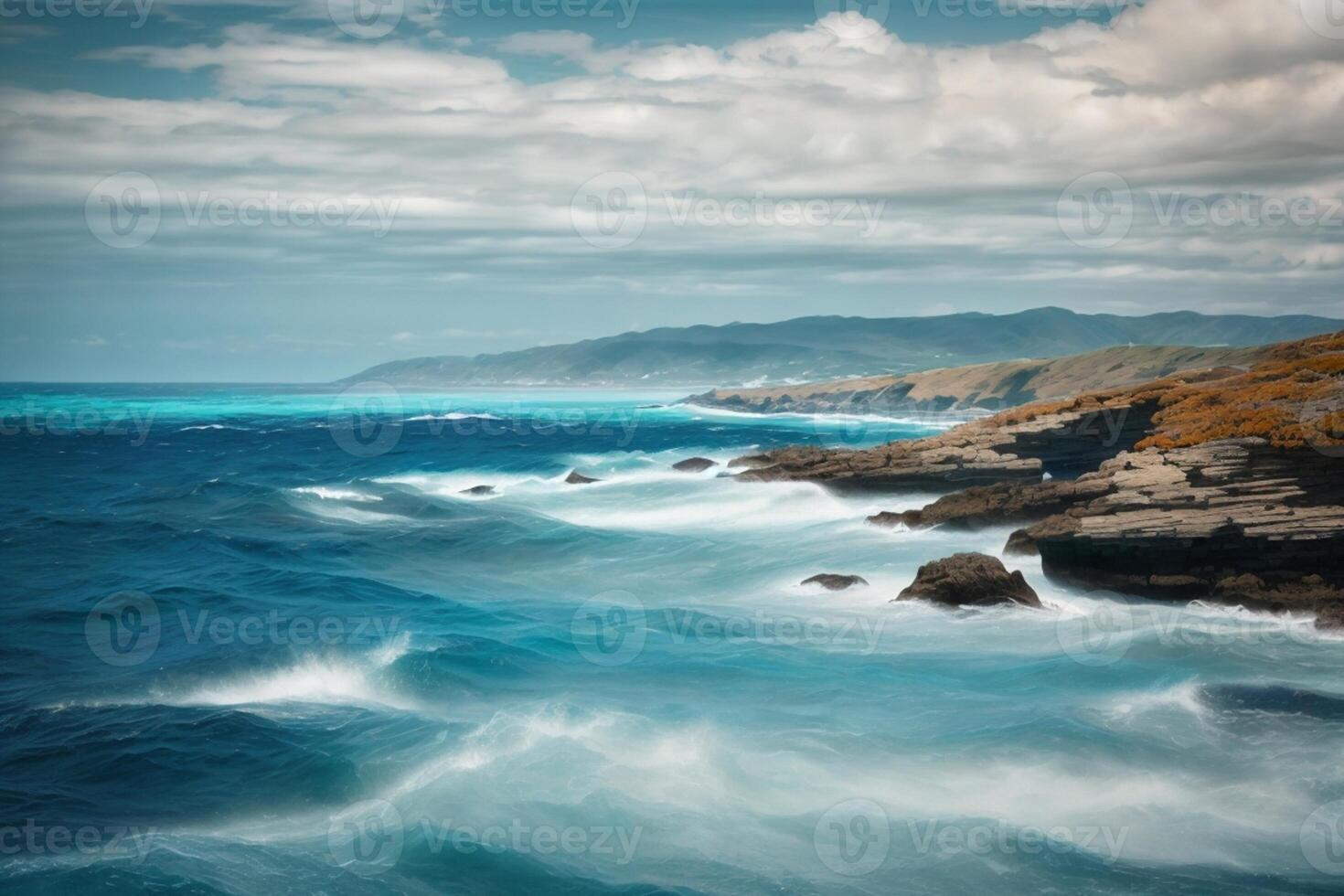 blue ocean with mountains and clouds photo