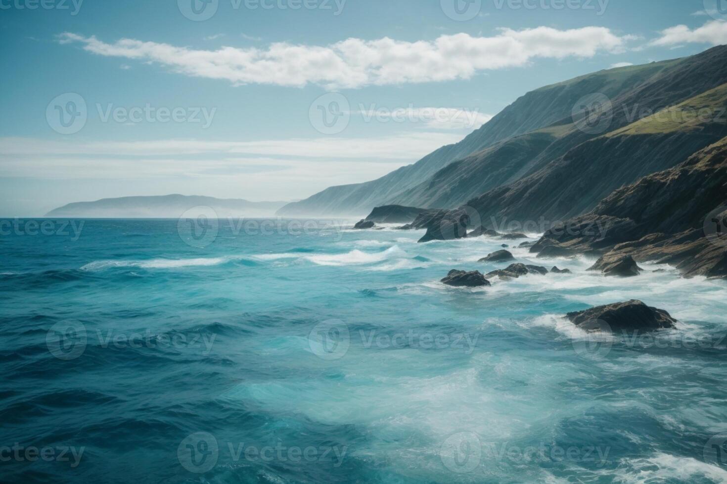 blue ocean with mountains and clouds photo