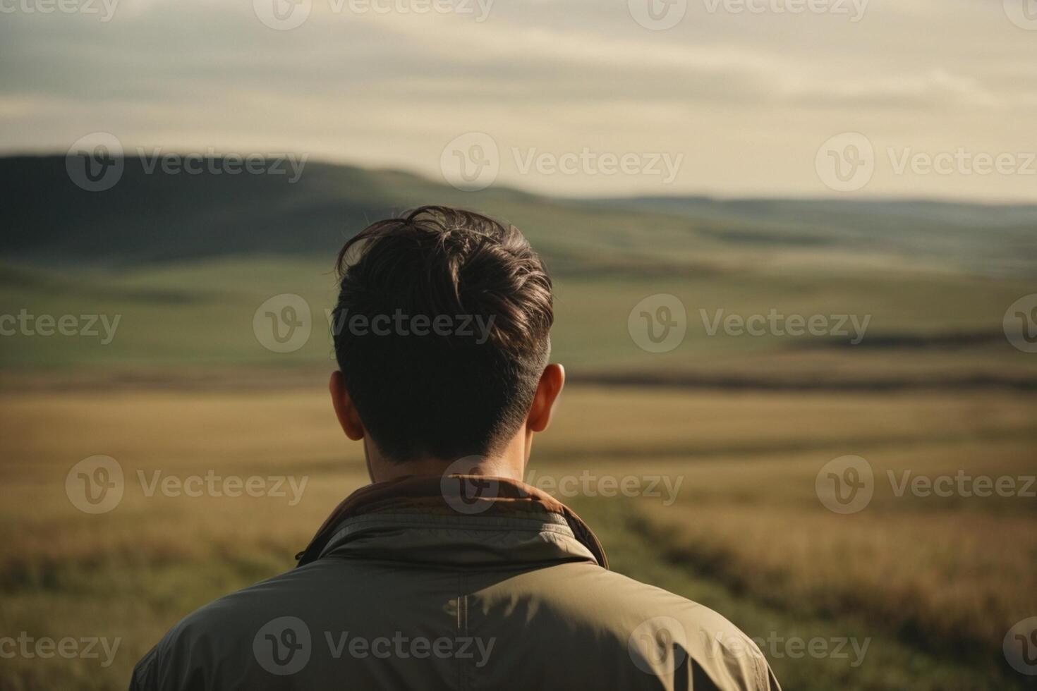 man standing in a field looking at the sky photo