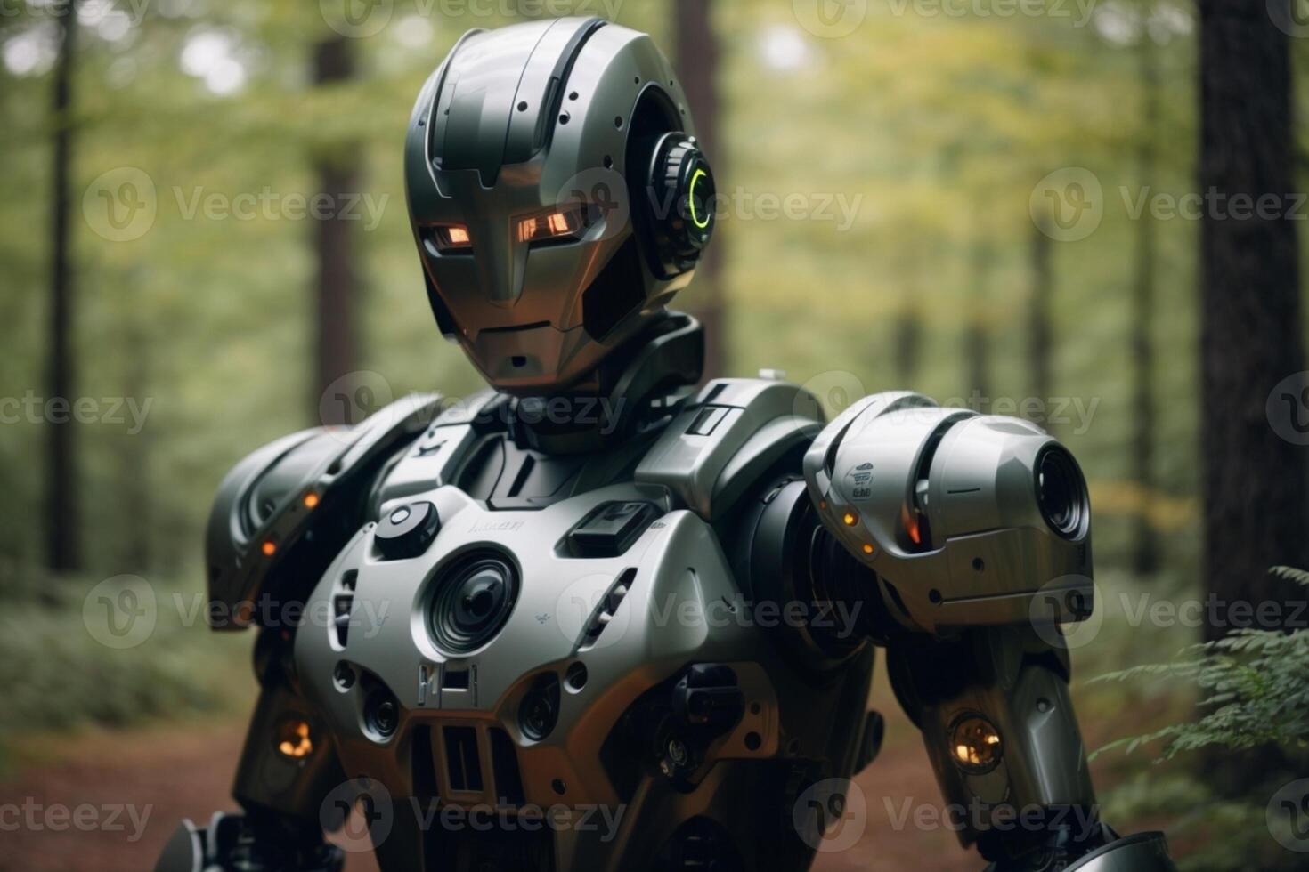 a robot standing in the middle of a forest photo