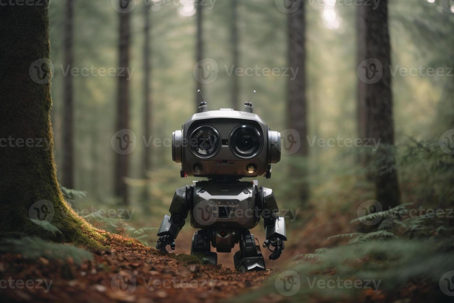 a robot standing in the middle of a forest photo