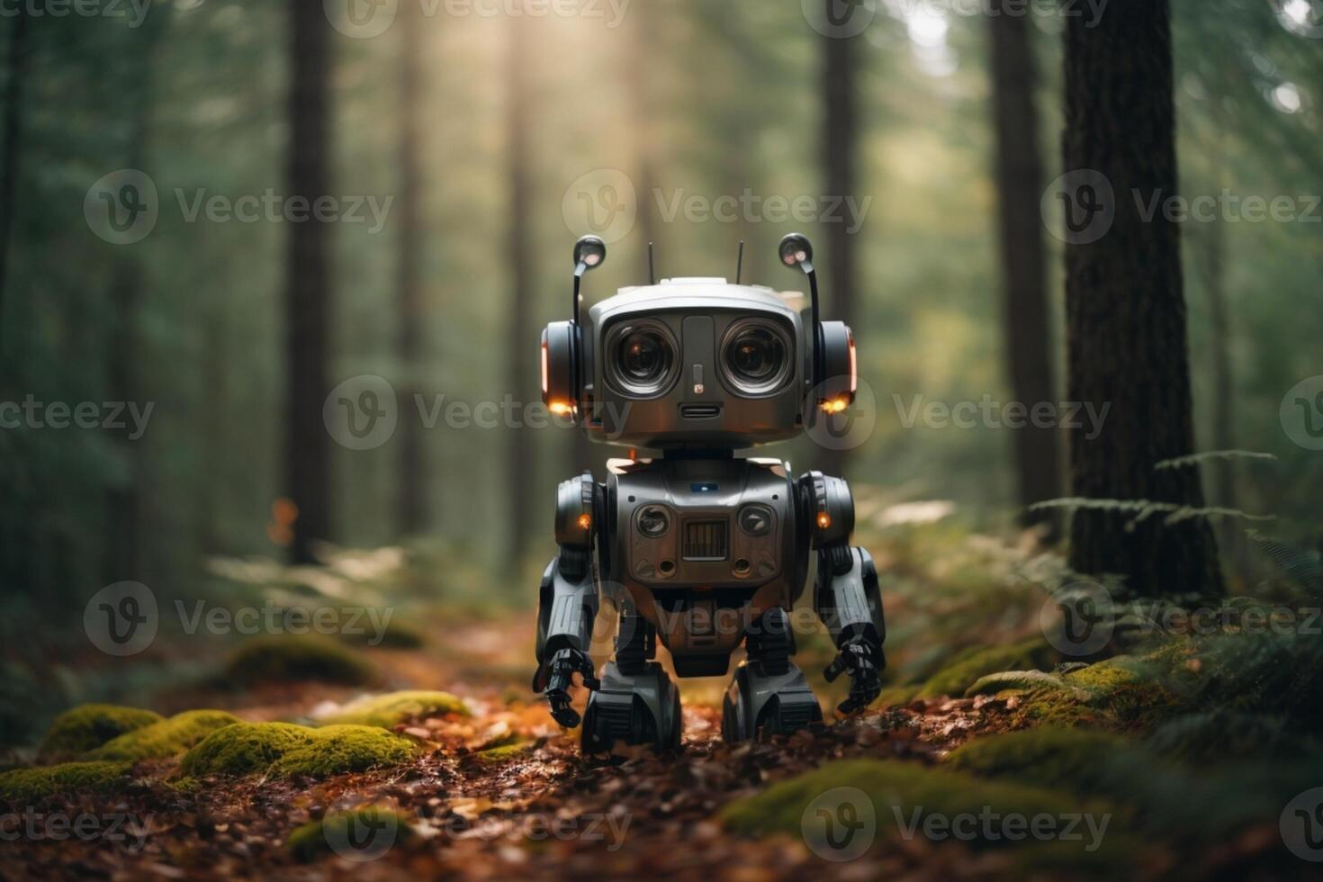 un robot en pie en el bosque foto