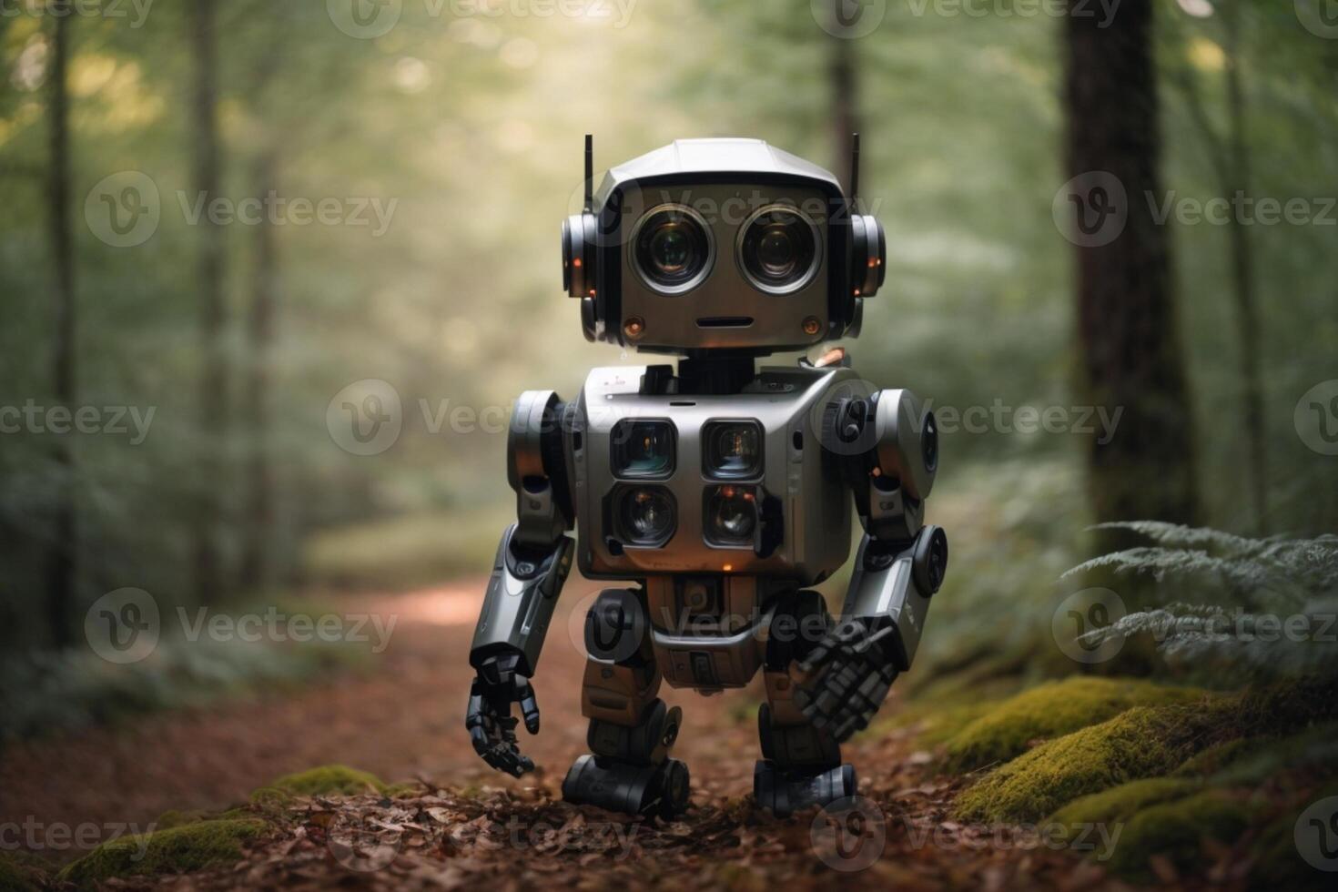 un robot en pie en el bosque foto