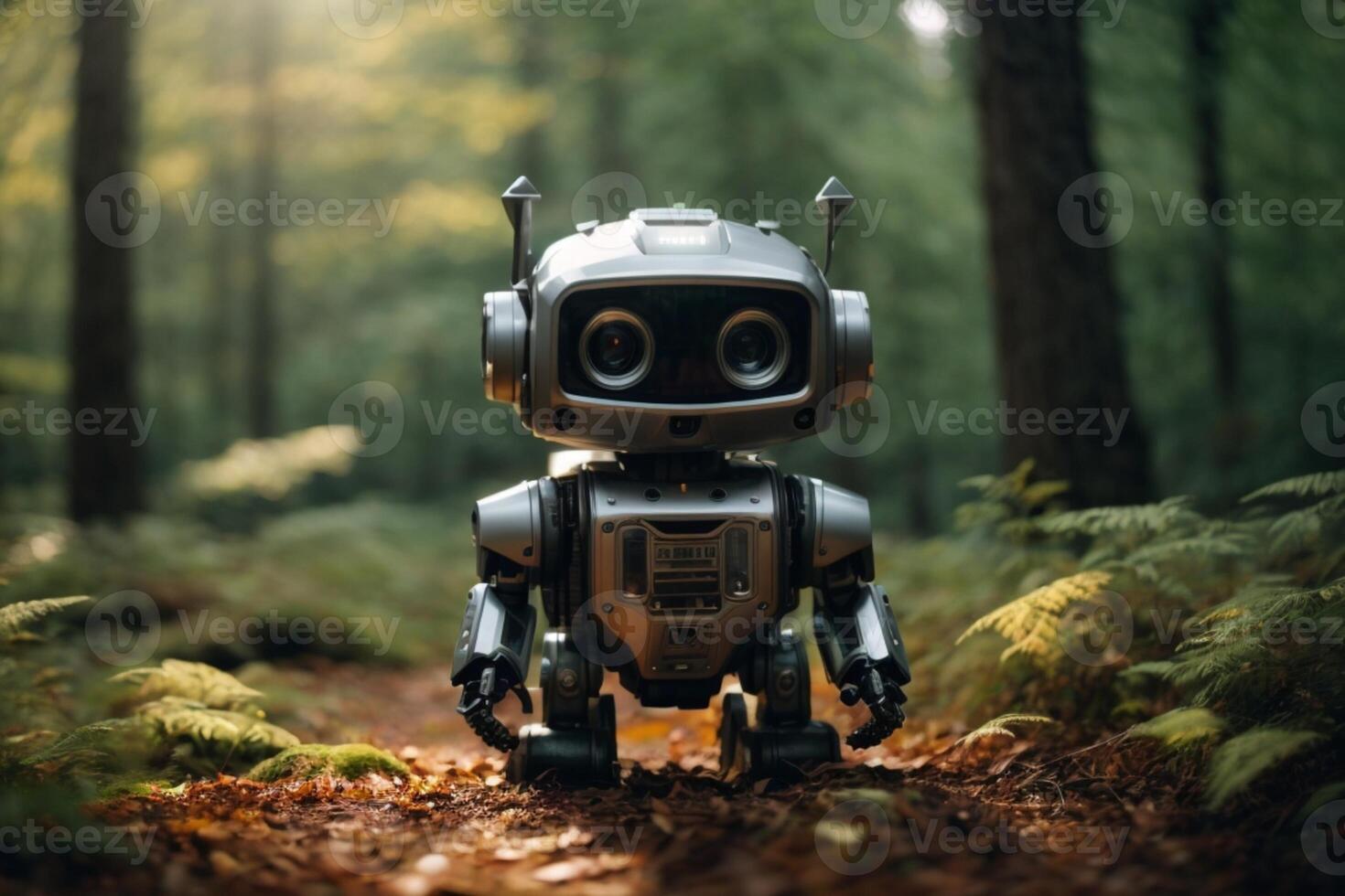 a robot standing in the middle of a forest photo