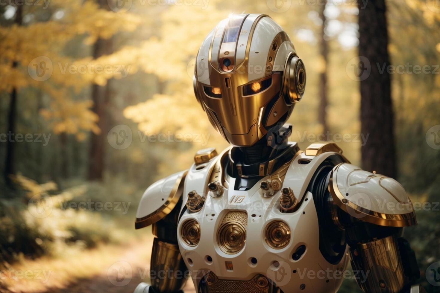 a robot standing in the middle of a forest photo