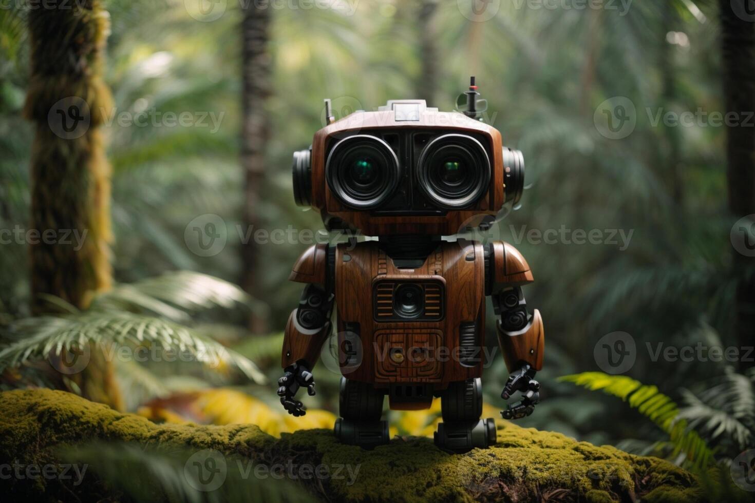 a robot standing in the middle of a forest photo