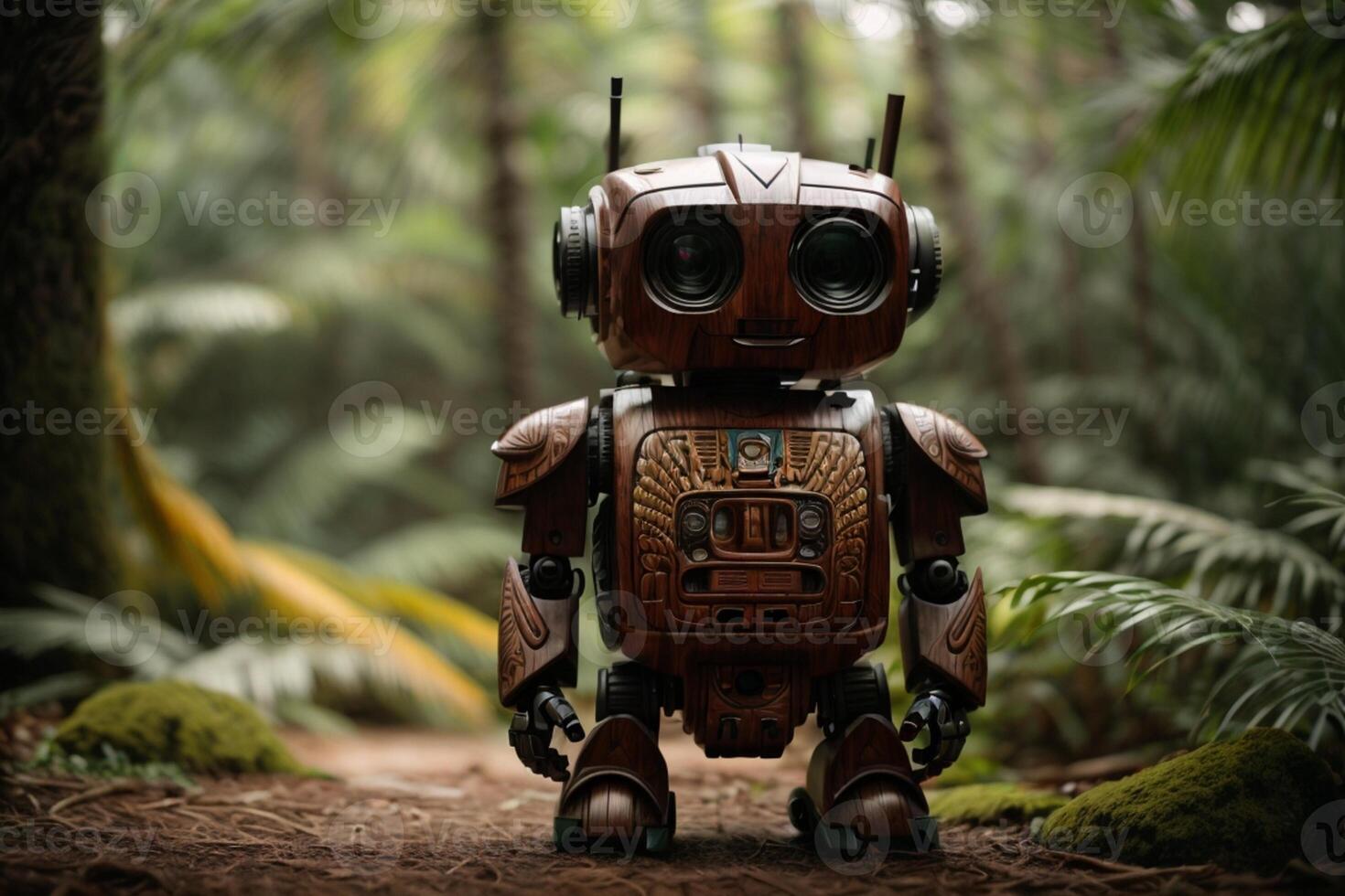 a robot standing in the middle of a forest photo