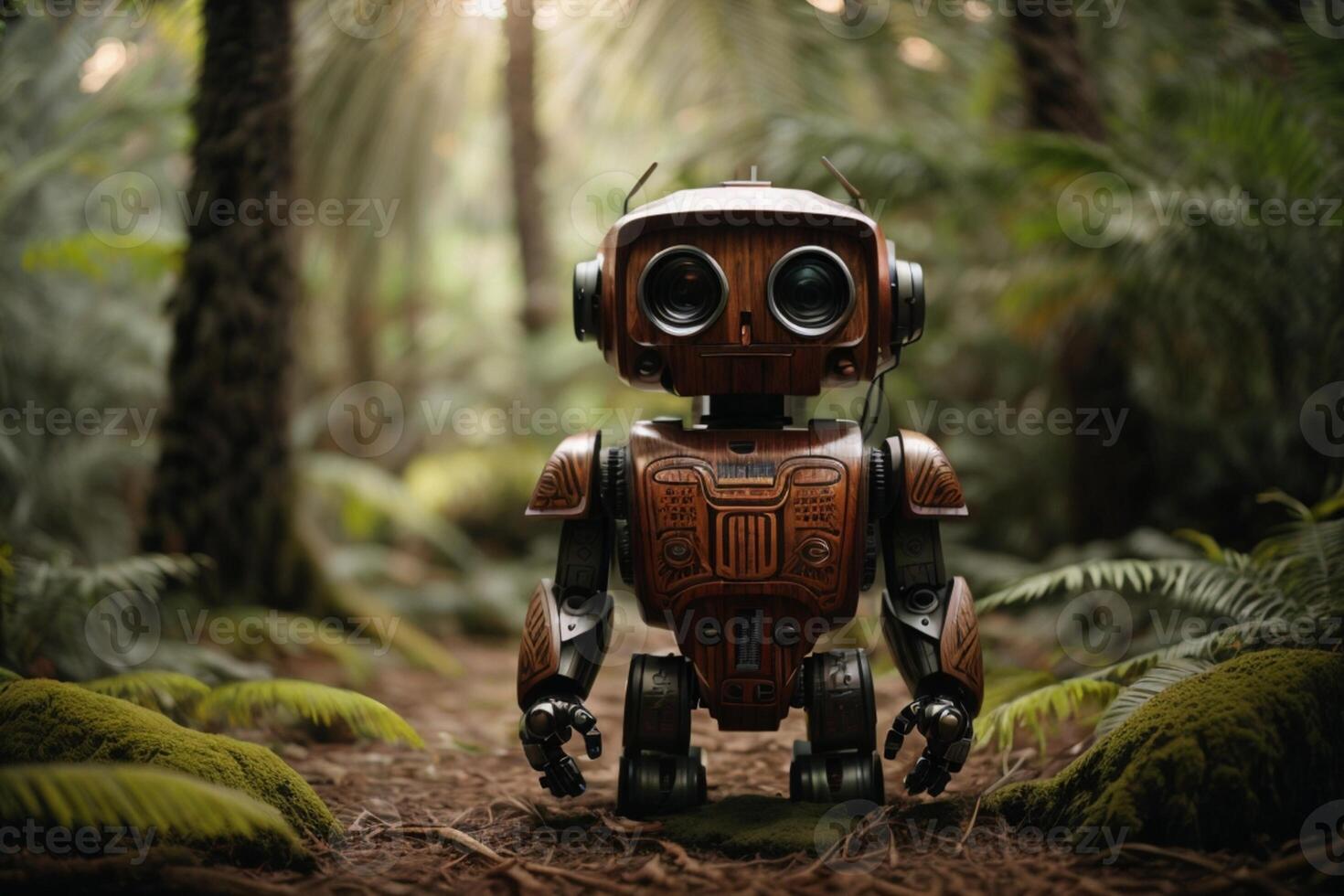 a robot standing in the middle of a forest photo