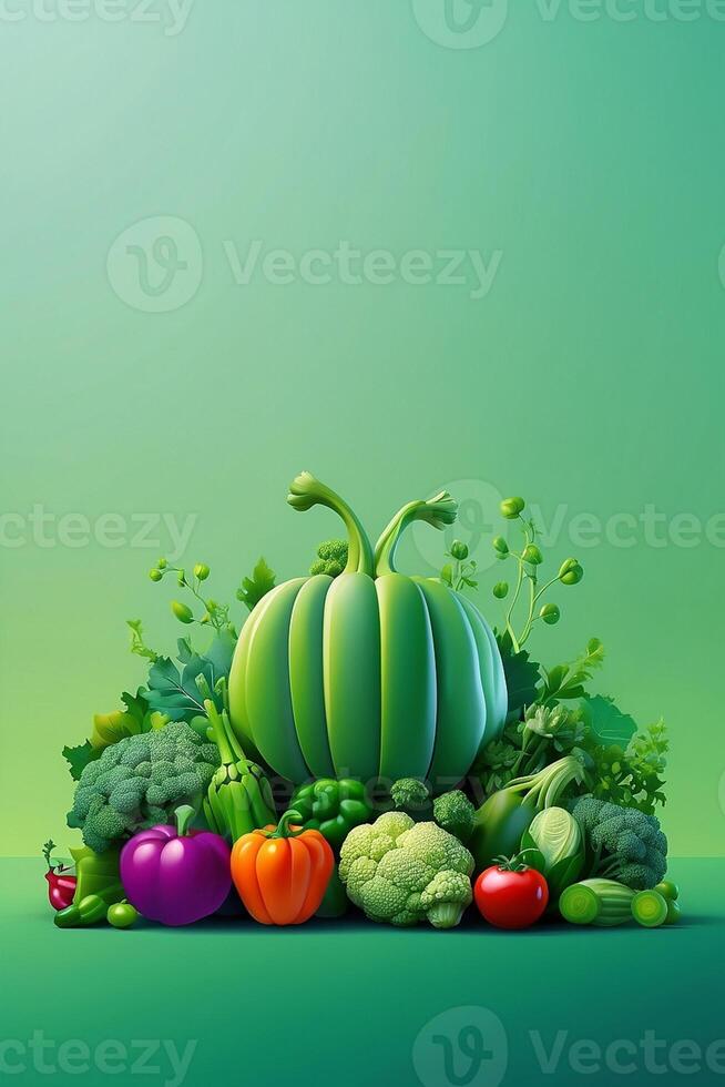 a green background with vegetables and herbs photo