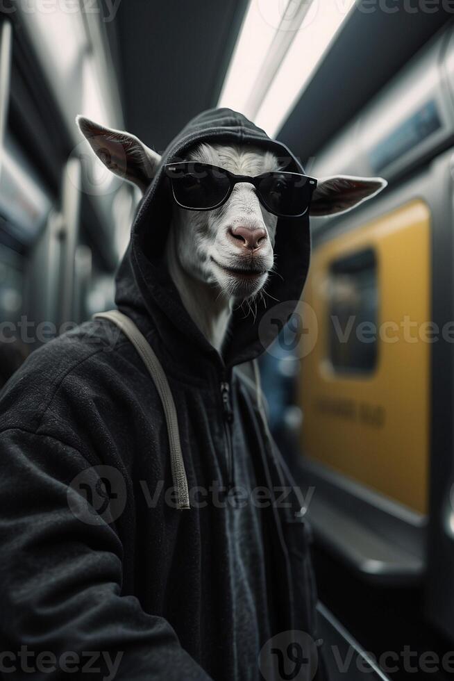 a goat wearing sunglasses and a hoodie on a subway photo