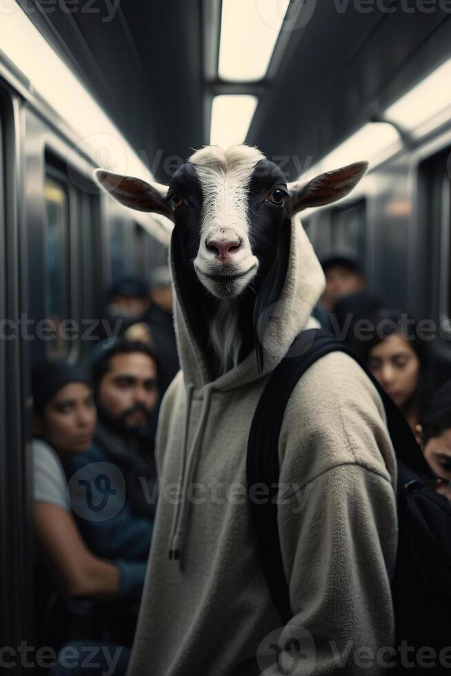a goat wearing sunglasses and a hoodie on a subway photo