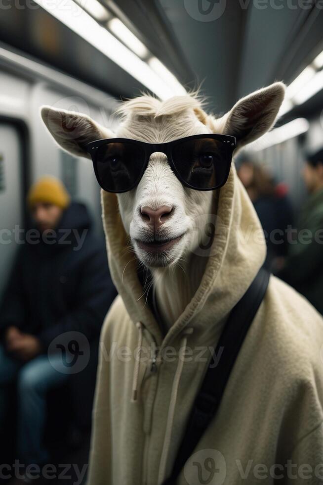 a goat wearing sunglasses and a hoodie on a subway photo