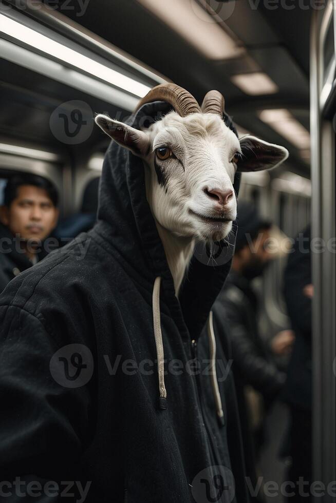 a goat wearing a hoodie on a subway train photo
