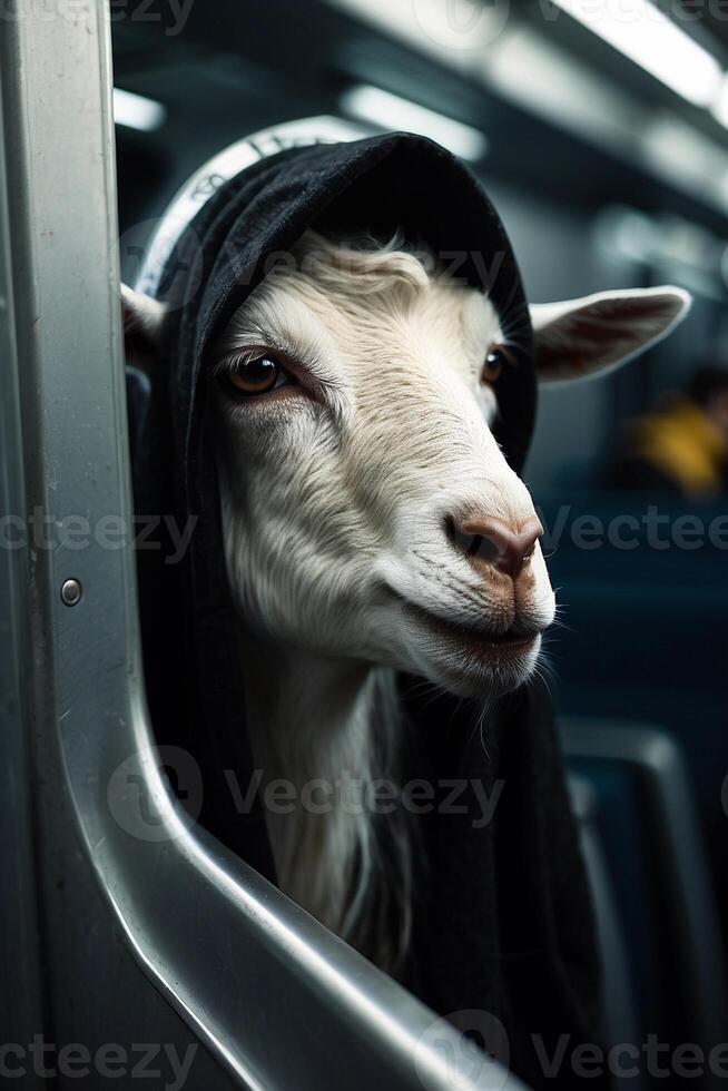 a goat wearing a hoodie on a subway train photo