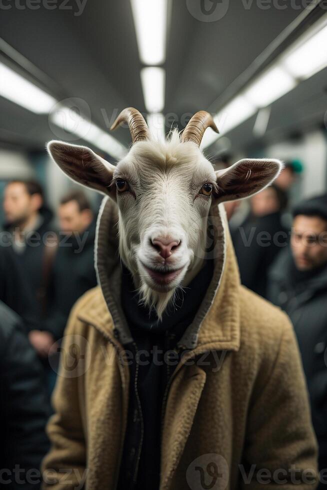 a goat wearing a hoodie on a subway train photo