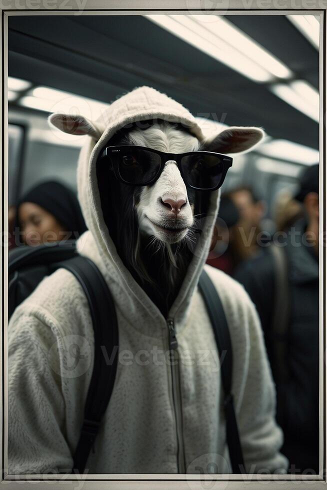 a goat wearing sunglasses and a hoodie on a subway photo