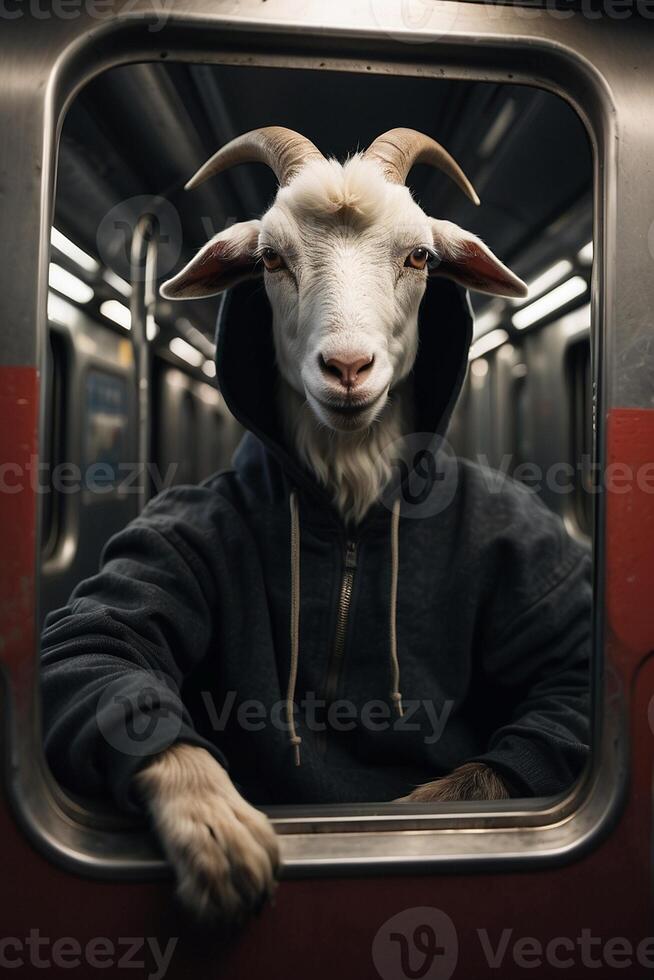 a goat wearing a hoodie on a subway train photo