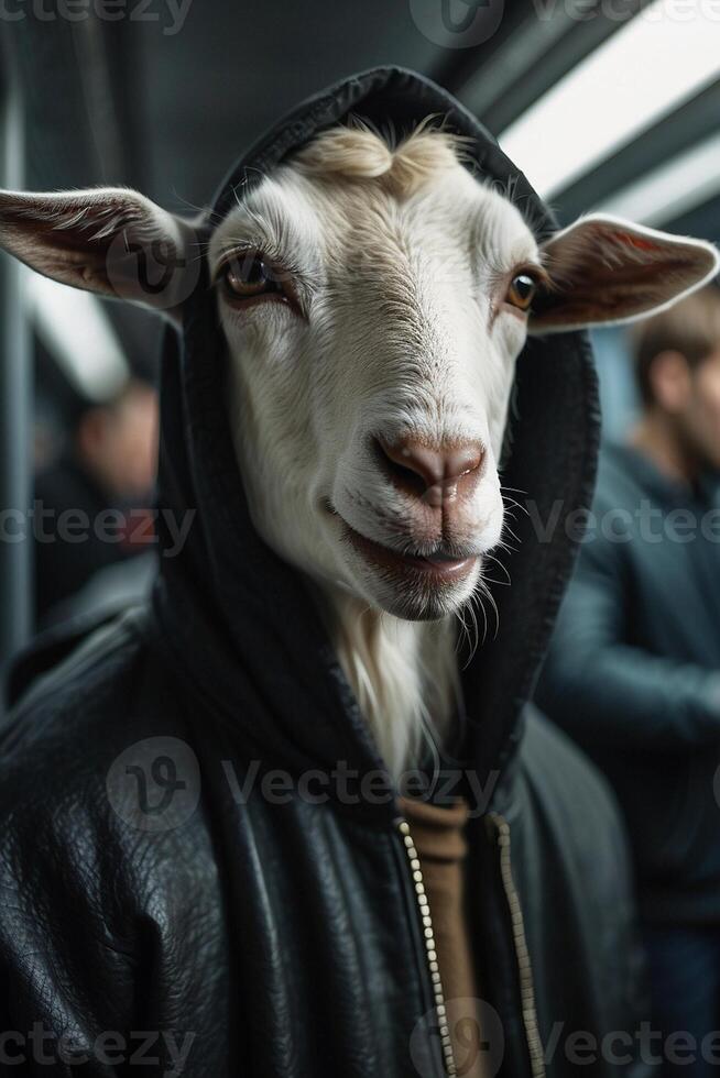 un cabra vistiendo un capucha en un subterraneo tren foto