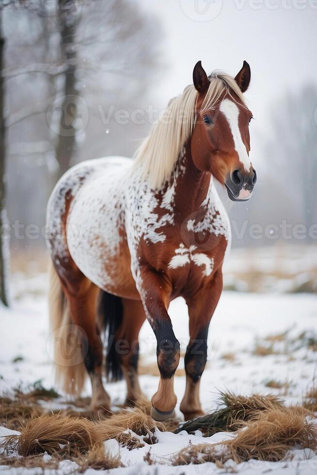 a horse is standing in the snow photo