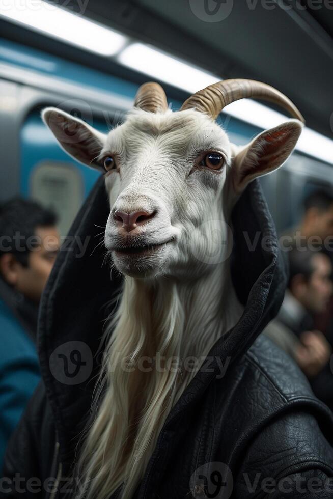 a goat wearing a hoodie on a subway train photo