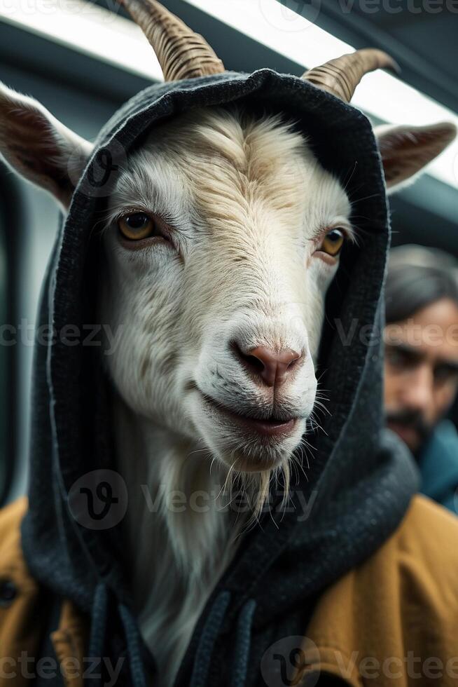 un cabra vistiendo un capucha en un subterraneo tren foto