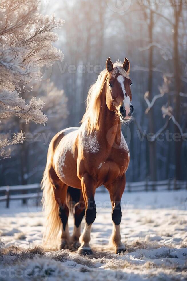 a horse is standing in the snow photo