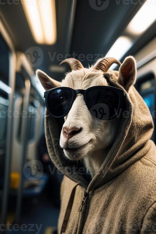 a goat wearing sunglasses and a hoodie on a subway photo