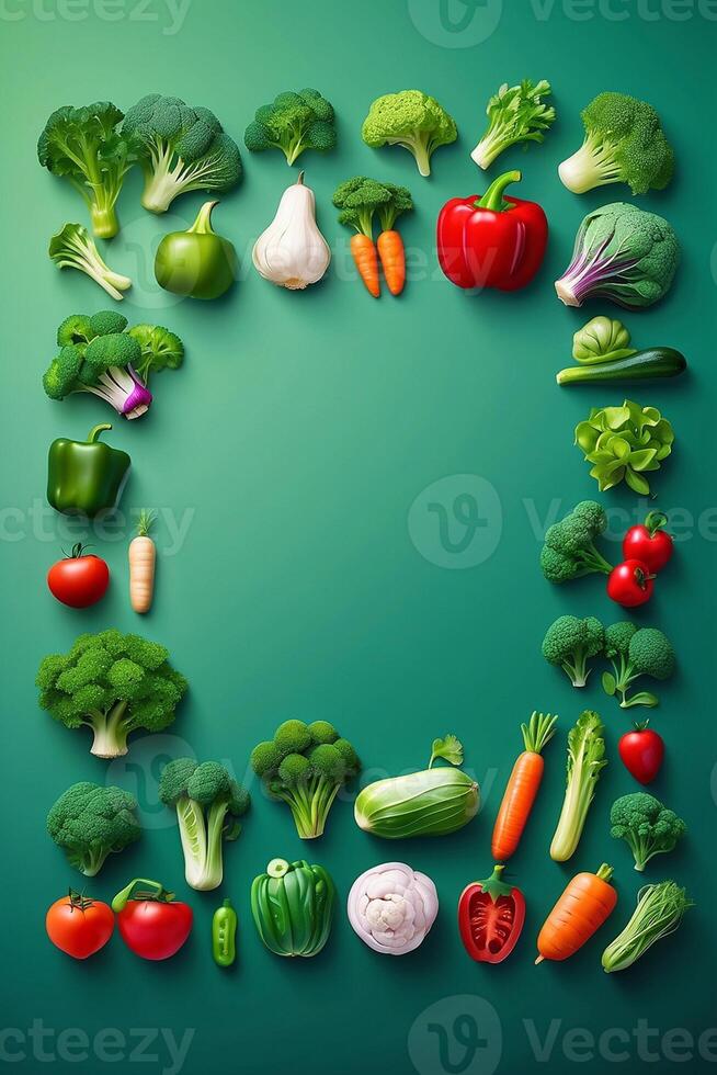 a green circle with vegetables and fruits on it photo