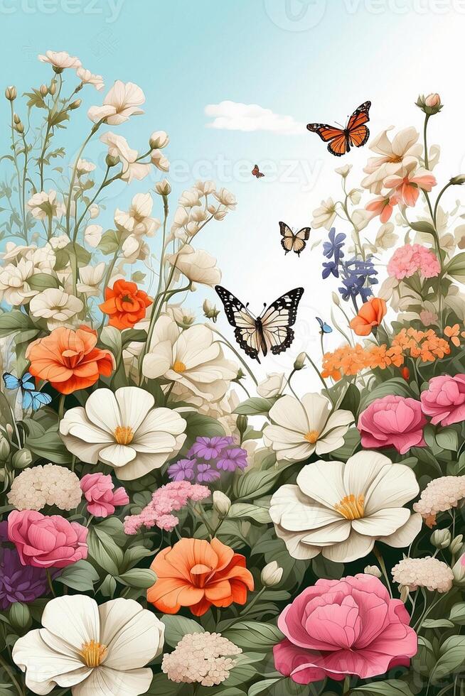 un pintura de flores y mariposas en un blanco antecedentes foto