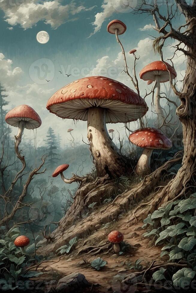 a mushroom house with two mushrooms on top photo