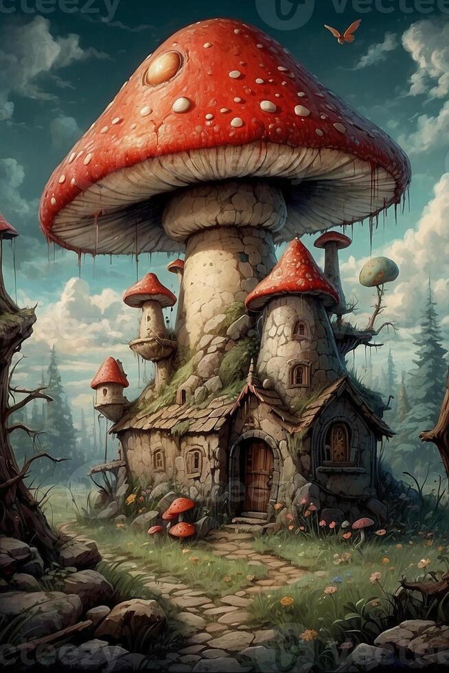 a mushroom house with two mushrooms on top photo