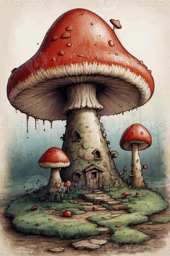 a mushroom house with two mushrooms on top photo