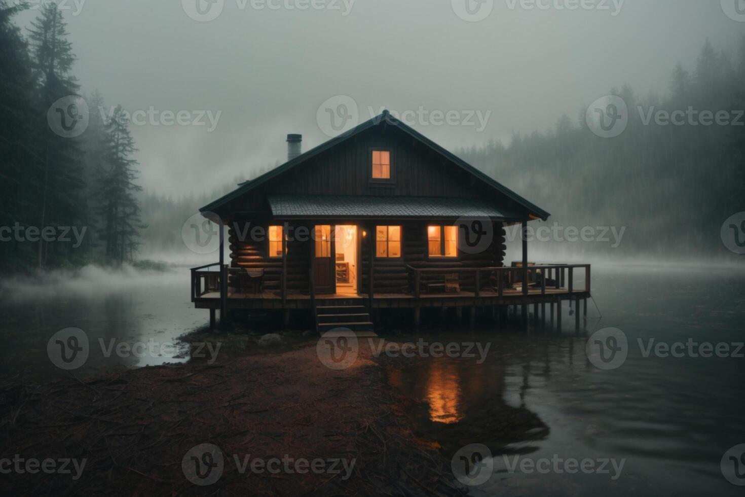a small cabin sits on the edge of a lake photo