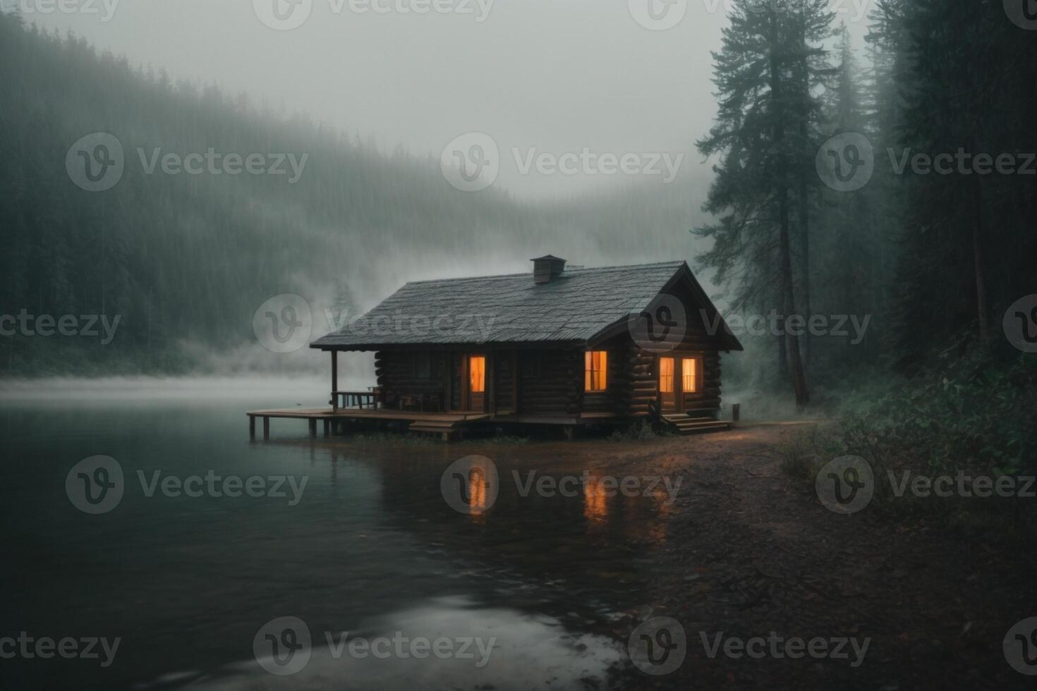 a small cabin sits on the edge of a lake photo