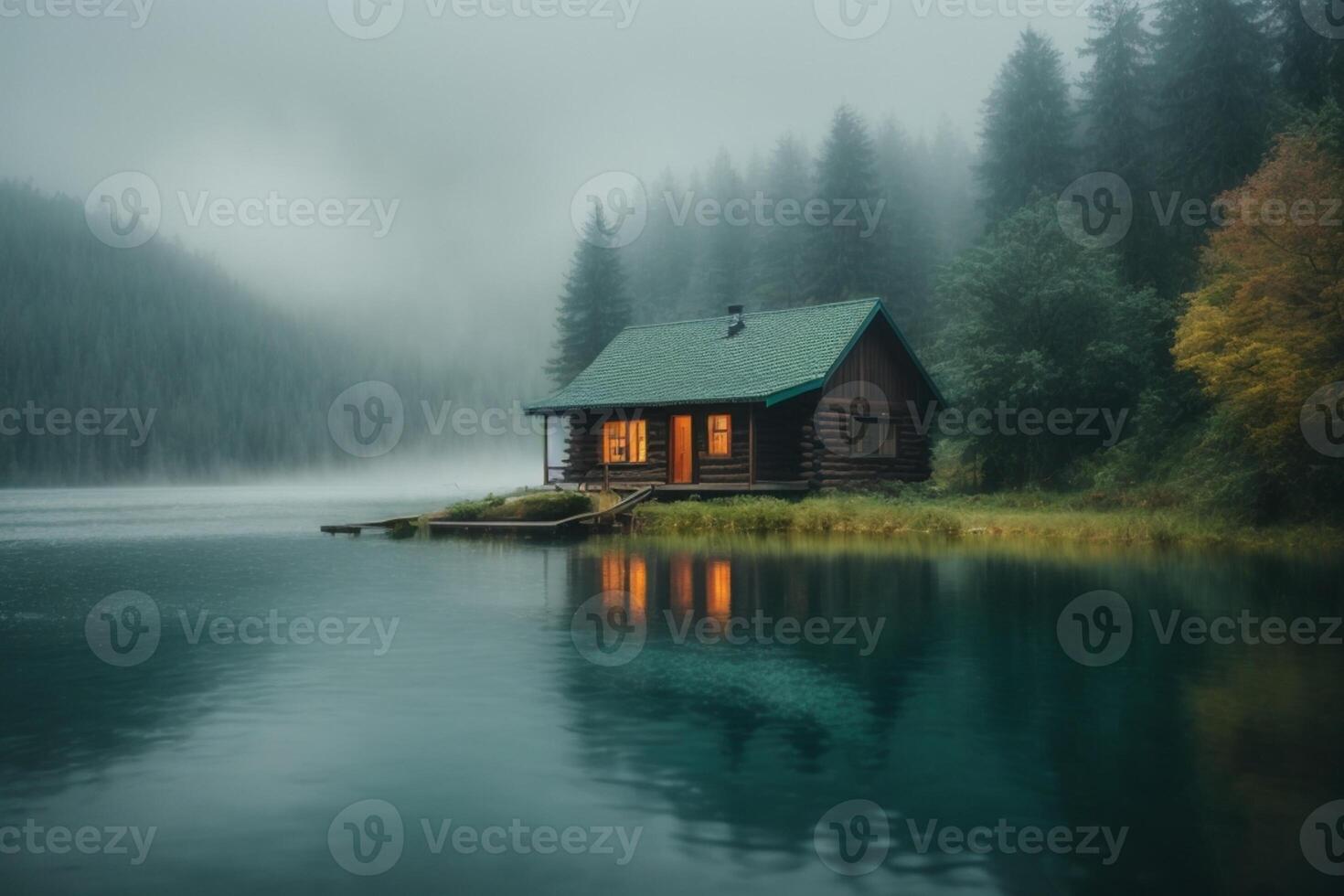 un pequeño cabina se sienta en el borde de un lago foto