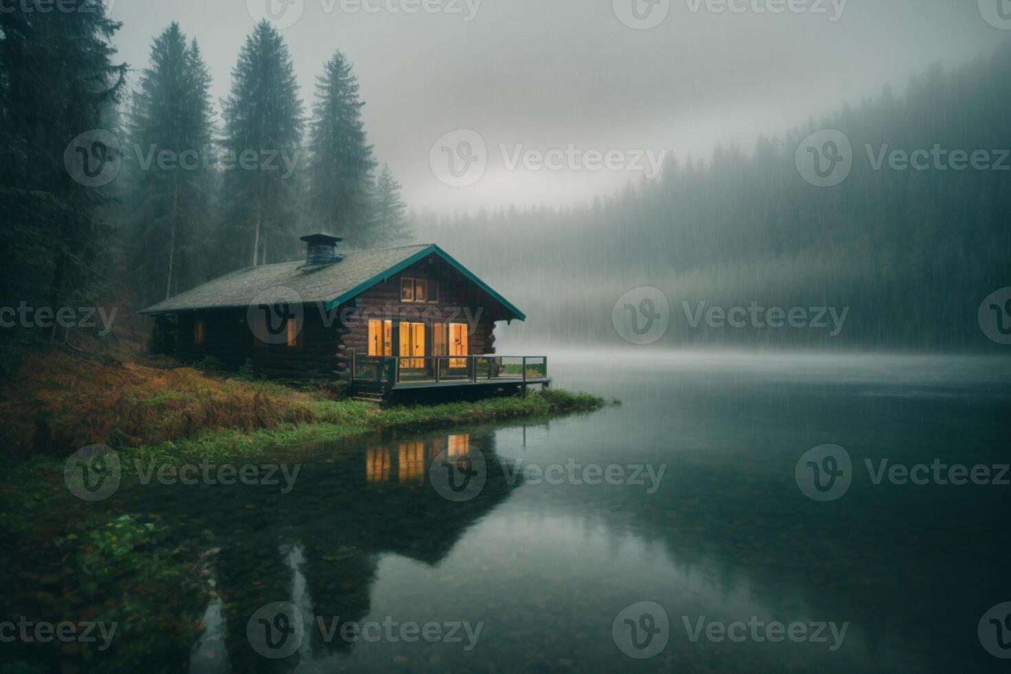 un cabina se sienta en el apuntalar de un lago en el niebla foto