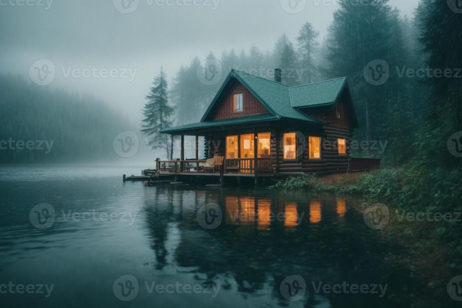 a cabin sits on the shore of a lake in the fog photo