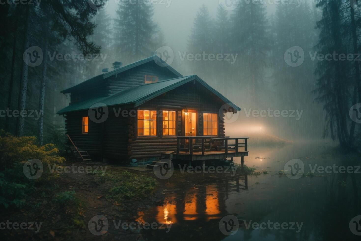 un cabina se sienta en el apuntalar de un lago a oscuridad foto