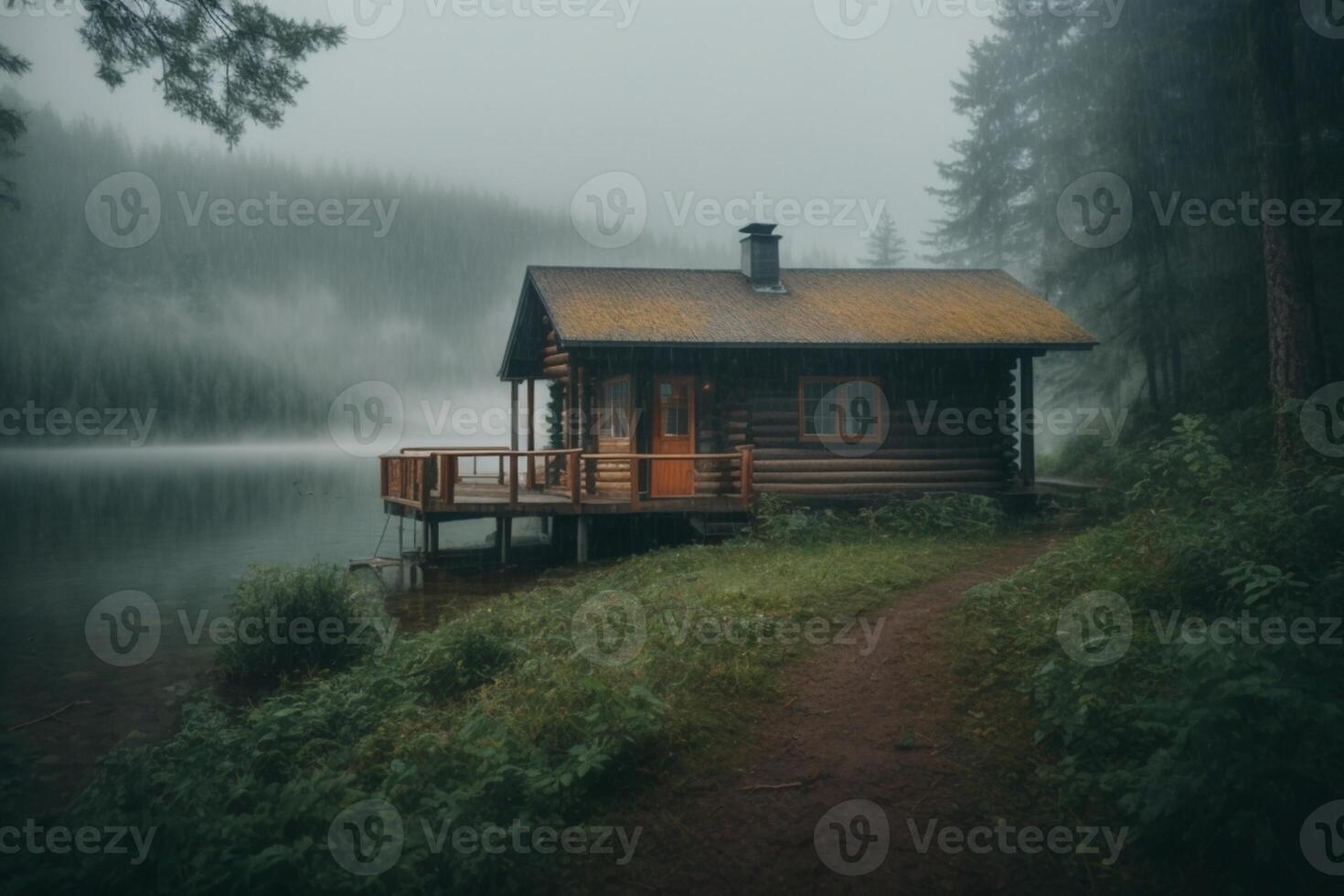 a cabin sits on the shore of a lake in the fog photo