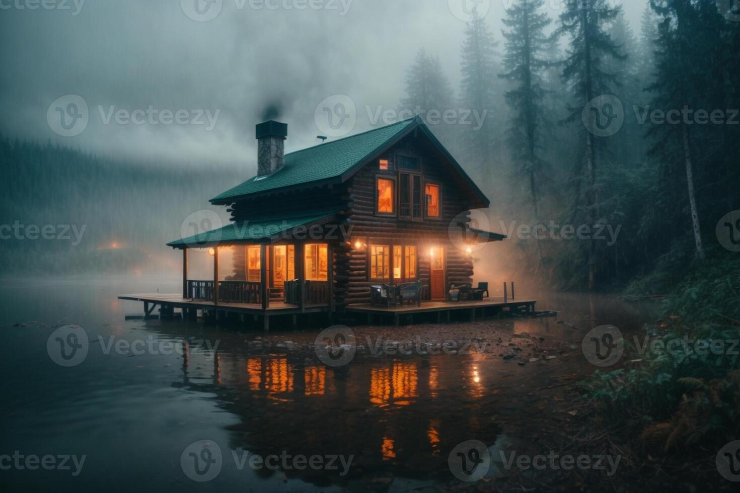 a cabin sits on the shore of a lake at dusk photo