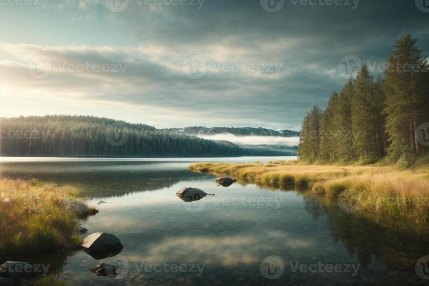 a lake surrounded by trees and grass photo