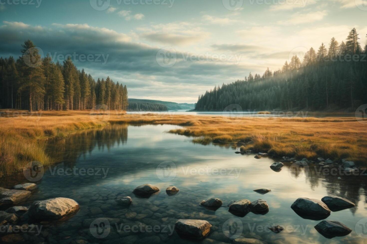 a mountain range is reflected in the water at sunset photo